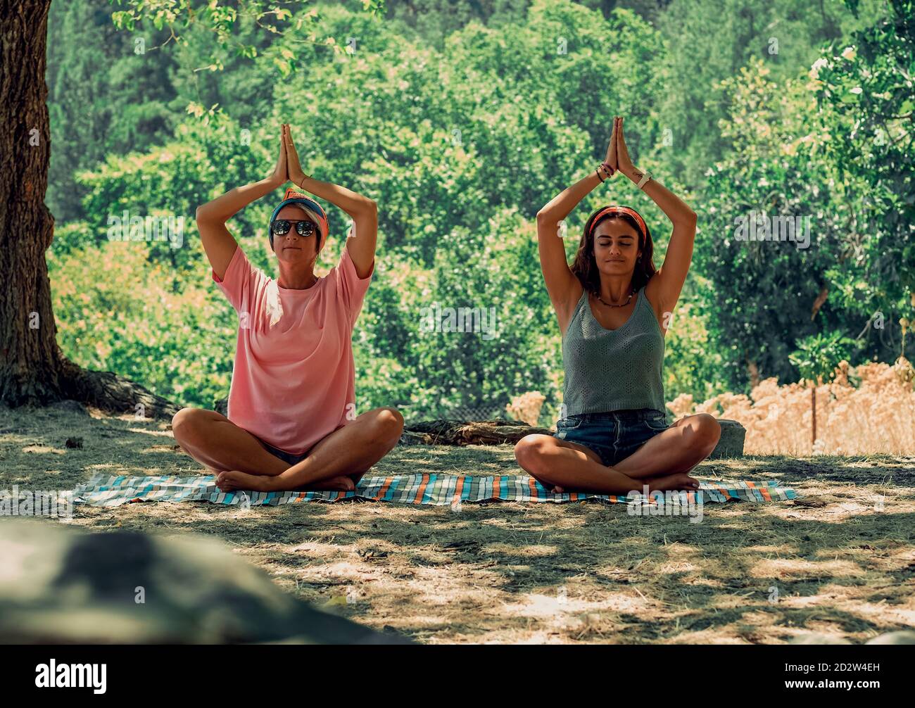 Deux femmes faisant des exercices de yoga dans la nature. Adultes assis en position lotus. Banque D'Images Deux femmes faisant des exercices de yoga dans la nature. Adultes assis en position lotus. Banque D'Images