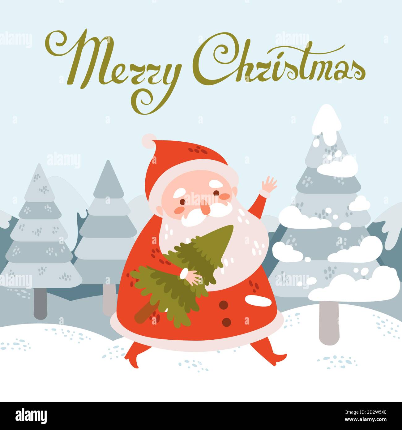 Carte postale vectorielle de Noël avec Père Noël et arbre paysage d'hiver Illustration de Vecteur