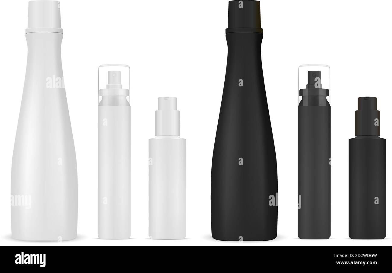 Kit de maquillage pour shampooings cosmétiques, pulvérisateurs et distributeurs de bouteilles de pompe. Pots cosmétiques pour gel, liquide, hydratant, conditionneur.Clean noir et blanc 3d Deta Illustration de Vecteur