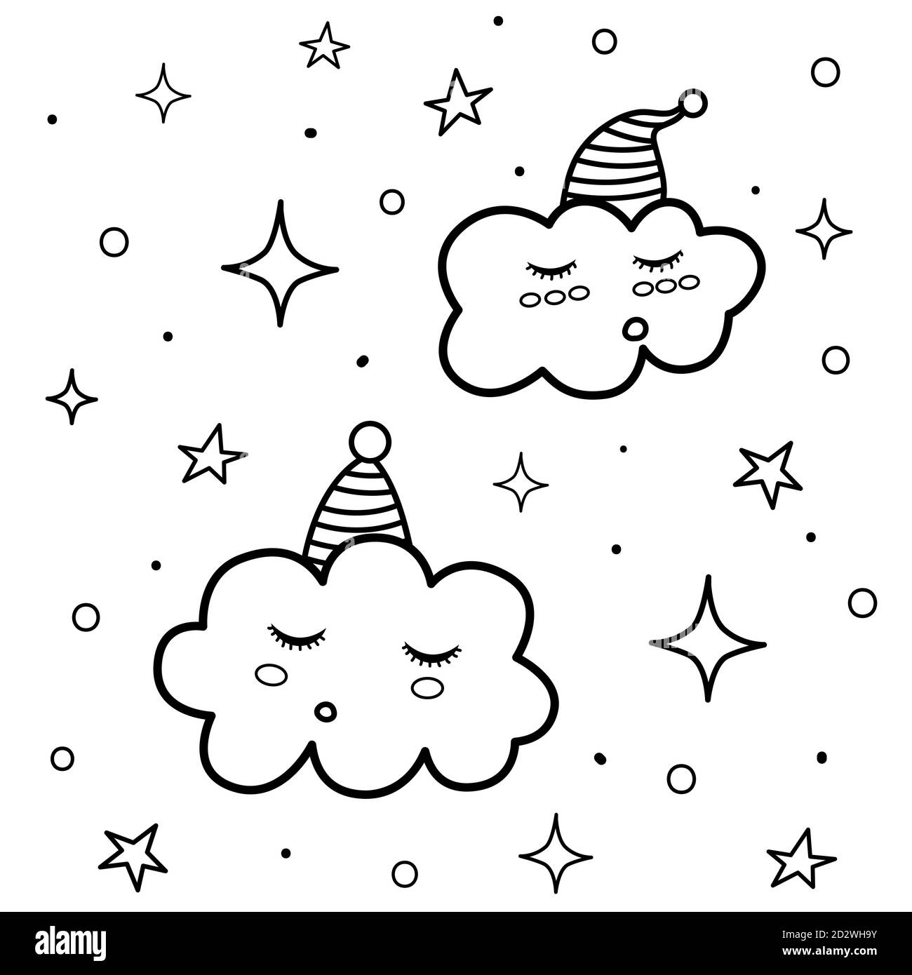 Page de coloriage de jolis nuages de couchage. Imprimé noir et blanc avec des personnages amusants Illustration de Vecteur