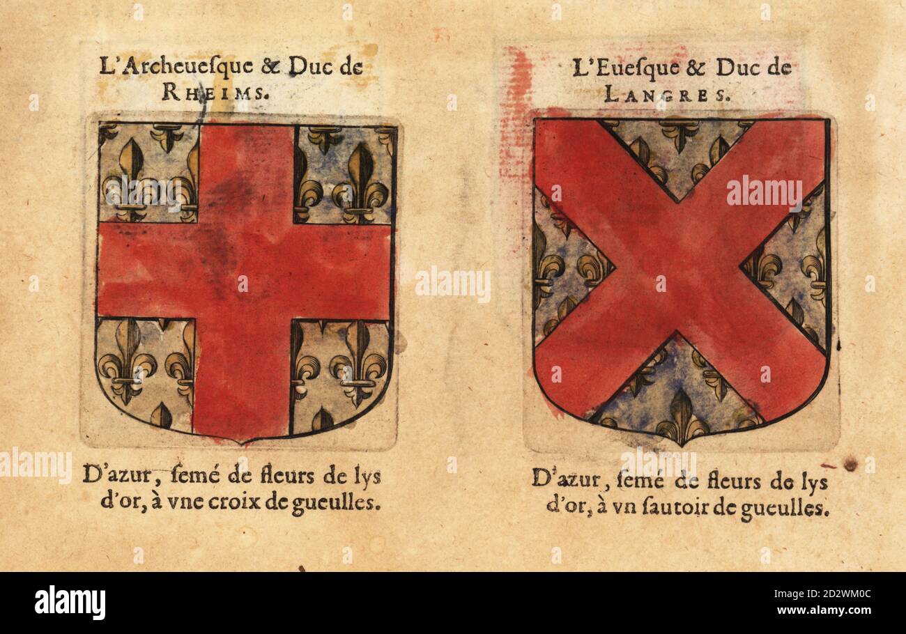 Armoiries de l'Archevêque et duc de Reims, avec croix rouge sur fond bleu  avec des fleurs d'or-de-lys, et l'évêque et duc de Langres, Reims, avec une  salse rouge sur fond bleu de