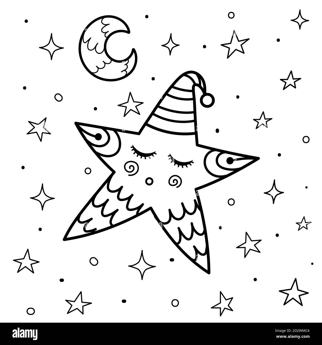Jolie page de coloriage des étoiles dormanteuses. Bonne nuit de fond 