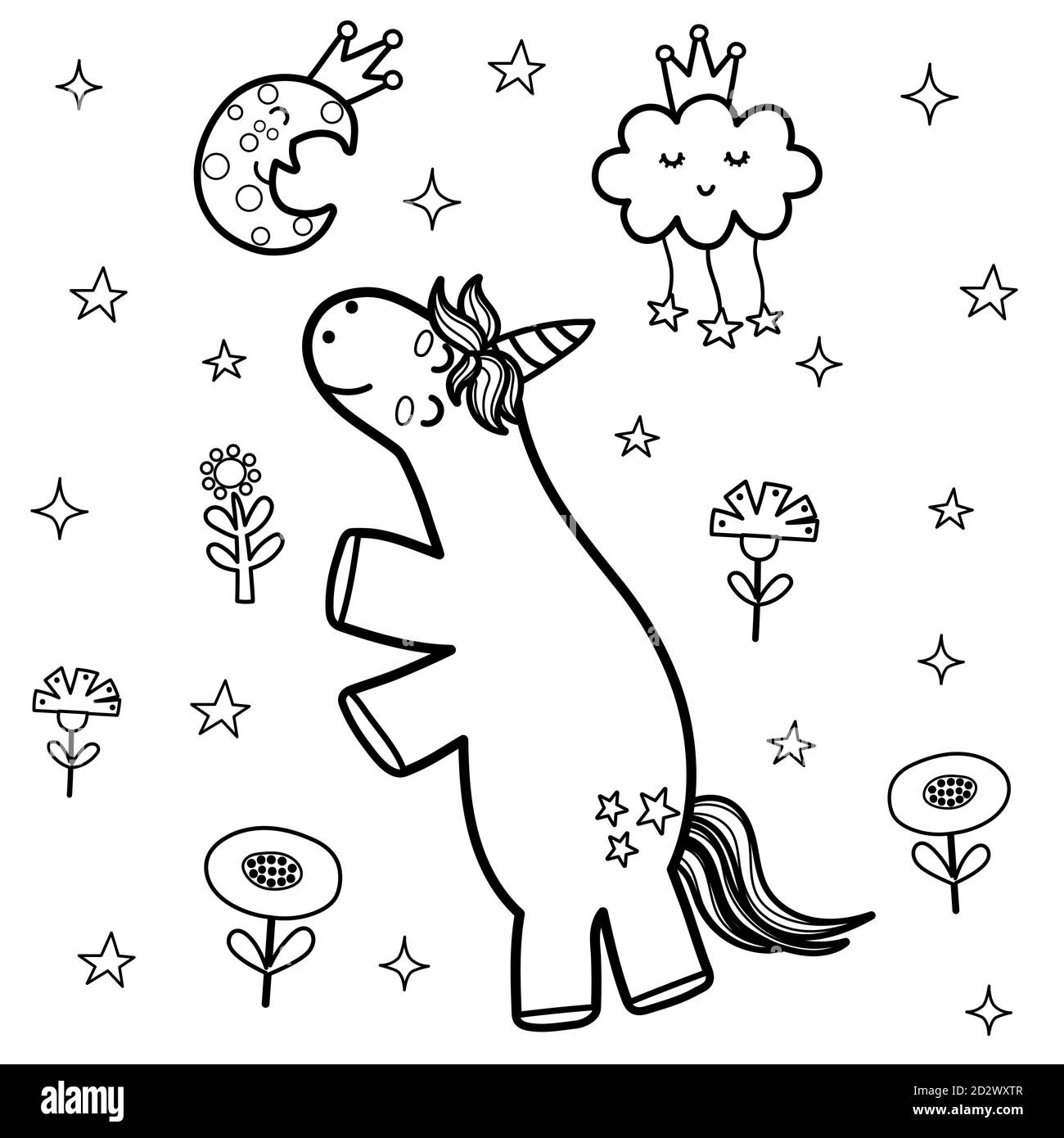 Jolie Page De Coloriage Licorne Et Lune De Sommeil Livre De Coloriage Fantaisie Image Vectorielle Stock Alamy