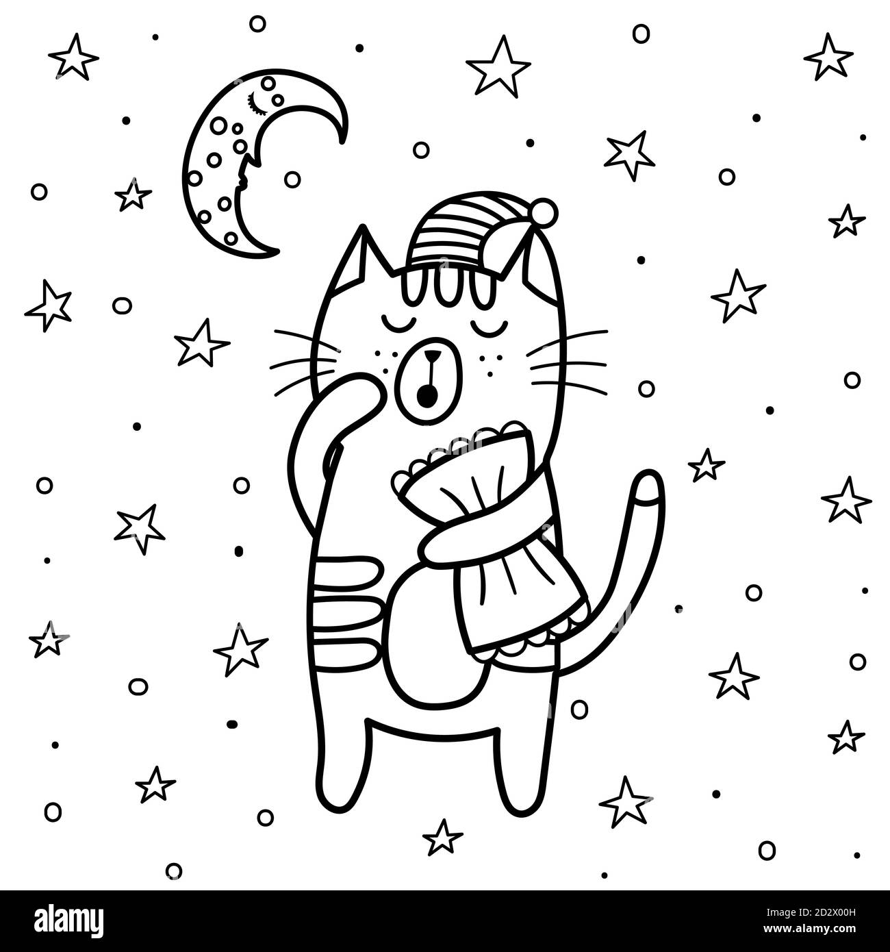 Page de coloration de chat endormi. Bon livre de coloriage de nuit avec lune et étoiles Illustration de Vecteur