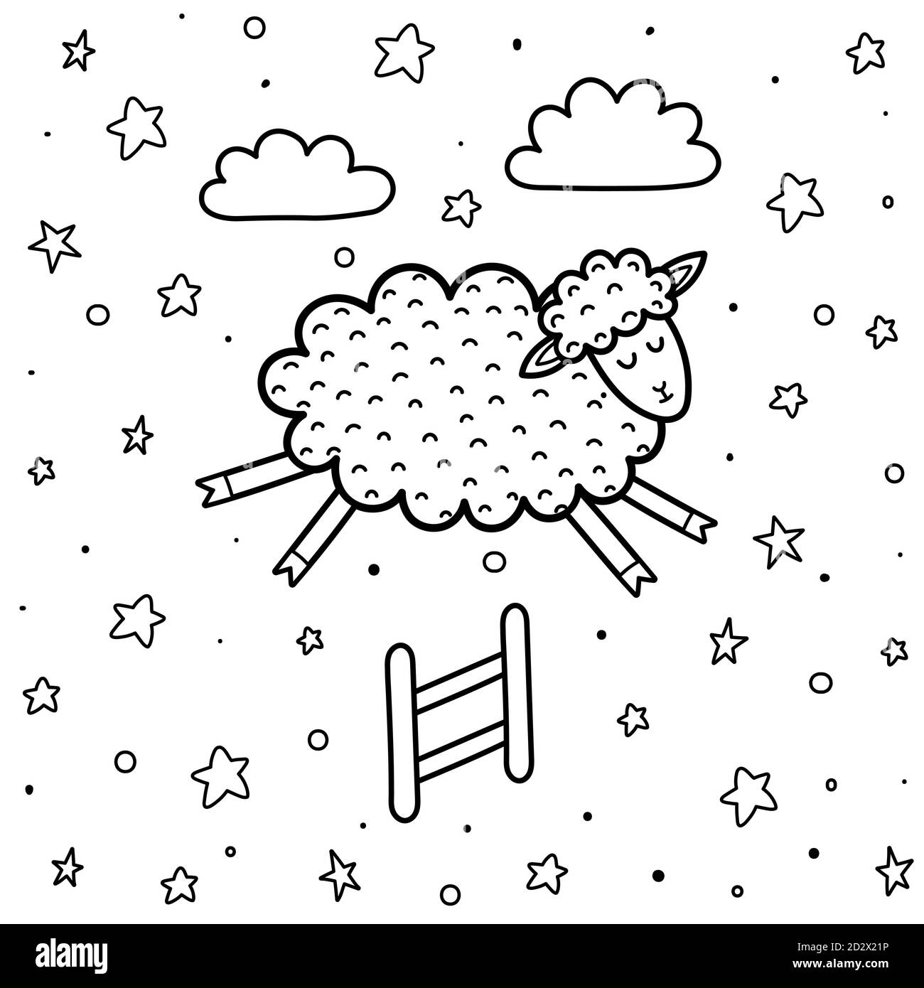 Page de coloriage pour les enfants avec un joli mouton sautant au-dessus de la clôture. Comptage des moutons fond noir et blanc Illustration de Vecteur