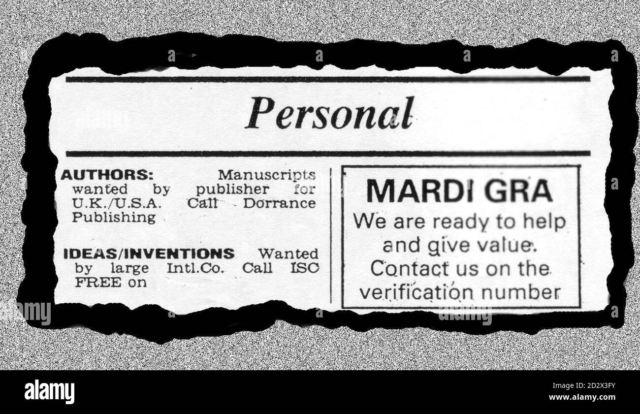 Un des messages à la Barclay's Bank chantage Mardi GRA placé par des membres de Scotland Yard anti-terroriste Squad dans les colonnes personnelles de divers journaux. Le mystérieux bombardier mène depuis 16 mois une campagne de terreur contre la banque et d'autres institutions financières dans le but d'extorquer de l'argent. Voir PA Story POLICE Bomber. Banque D'Images