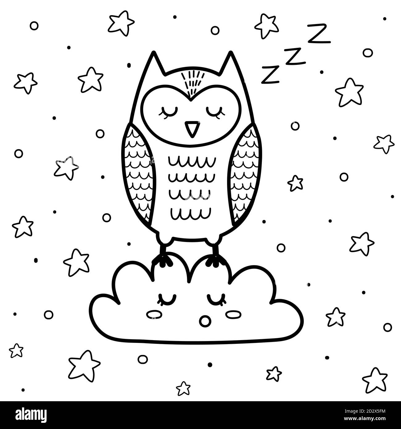 Chouette chouette chouette sur la page de coloriage du nuage pour les enfants. Bon livre de coloriage de nuit avec étoiles Illustration de Vecteur