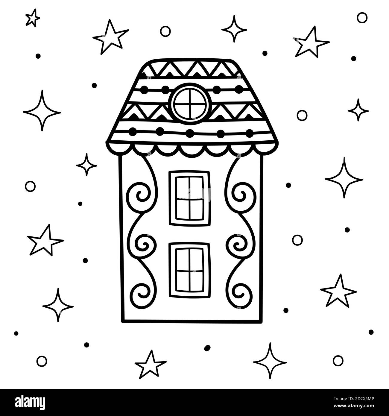 Maison magique Doodle à la page de coloriage de nuit. Carte noir et blanc Sweet Dreams Illustration de Vecteur