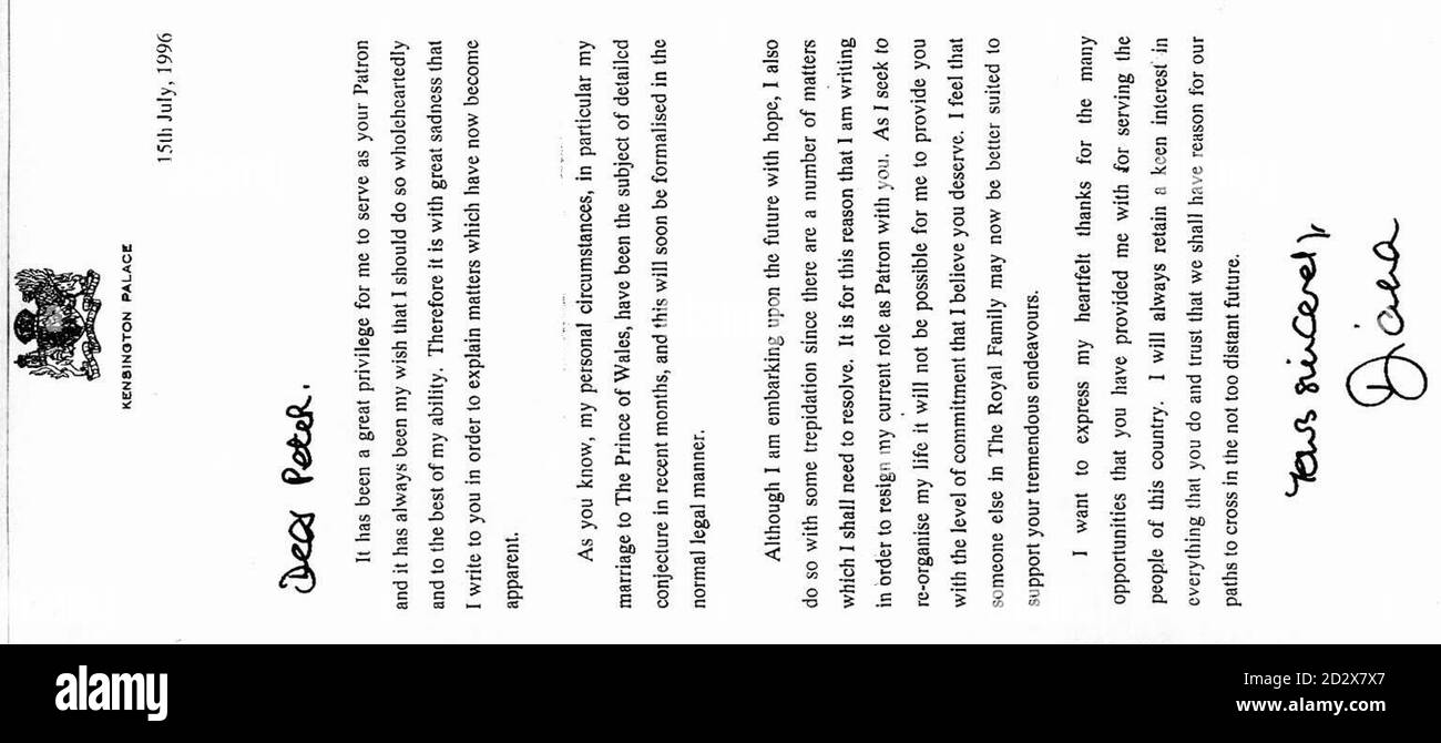 Une copie de la lettre que la Princesse de Galles a envoyée à ses organismes de bienfaisance pour les informer de sa démission de Patron ou de présidente. Voir PA Story ROYAL Diana Letter Banque D'Images