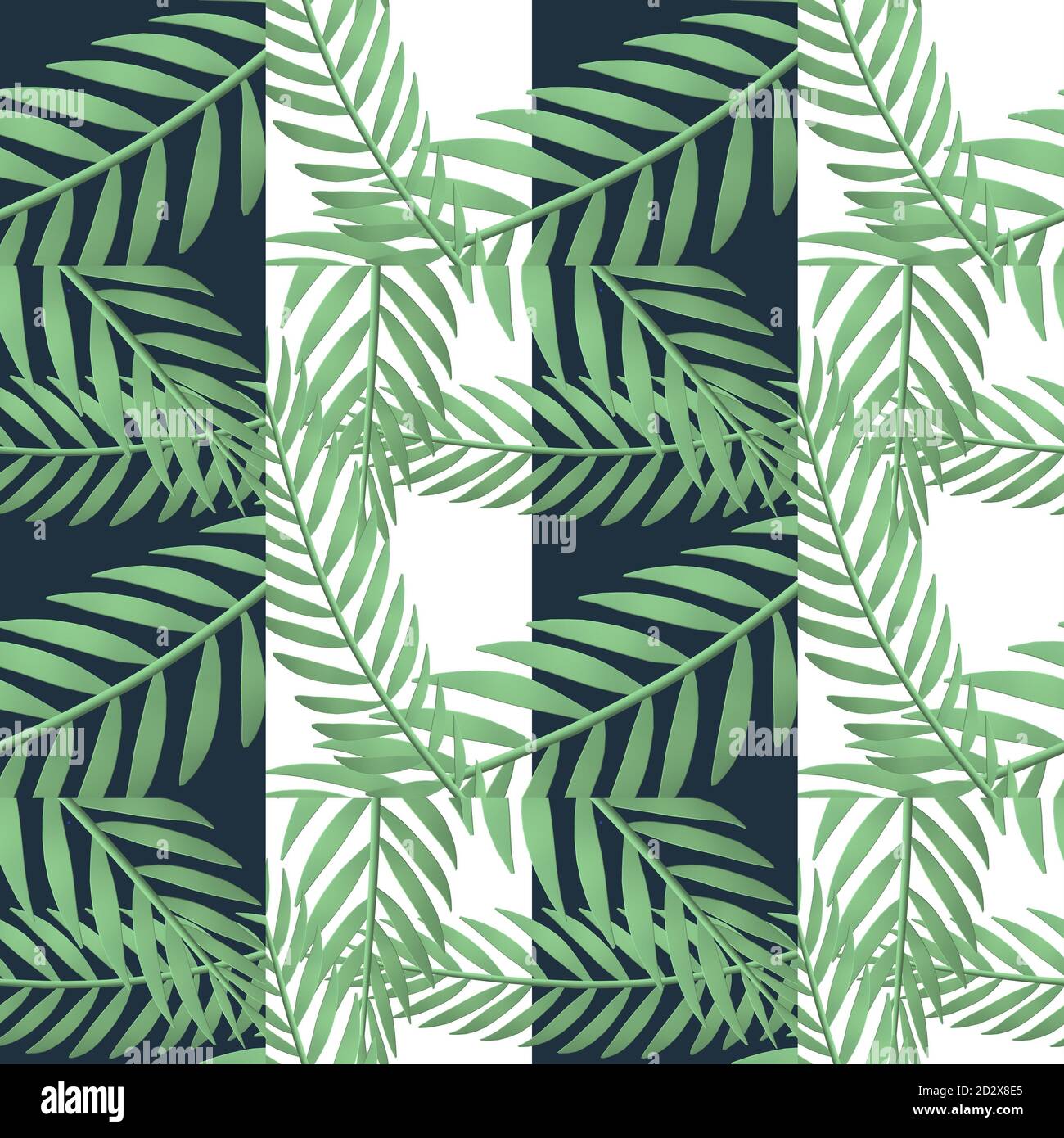 Vert motif botanique sur fond bleu blanc. Illustration. Motif sans couture Banque D'Images