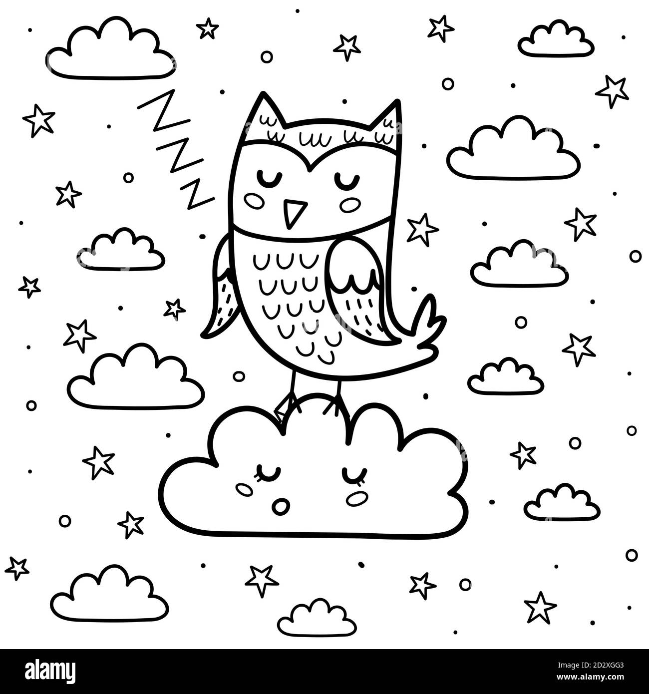 Bonne page de coloriage de nuit avec un chouette hibou de sommeil et un nuage. Arrière-plan fantaisie noir et blanc Illustration de Vecteur