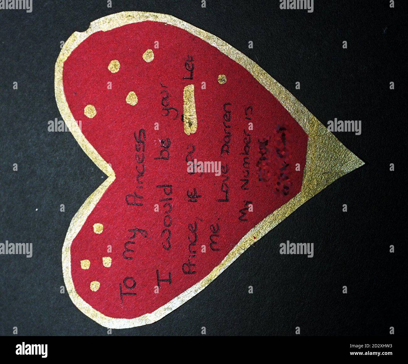 Le message, que Darren Ferguson, 16 ans, attend pour sa deuxième greffe de rein, a mis dans la carte de Saint-Valentin faite à la main qui a été donnée à Diana, princesse de Galles lors de sa visite à l'unité de dialyse du Great Ormond Street Hospital aujourd'hui (vendredi).Darren était trop timide pour demander une date à la princesse mais a mis son numéro de téléphone sur la carte.Voir PA Story ROYAL Diana.Photo de John Stillwell/Pool. Banque D'Images