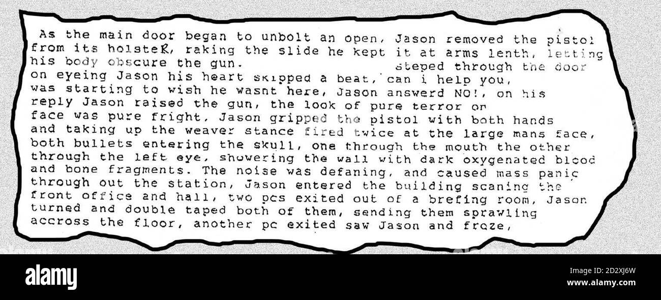 Extrait d'un récit écrit par Jason Curtis, montrant sa passion pour les armes à feu. Curtis a plaidé coupable aujourd'hui (jeudi) à des infractions en matière d'armes à feu devant la Cour d'État de Caernafon. REGARDEZ L'HISTOIRE DES PA. Banque D'Images