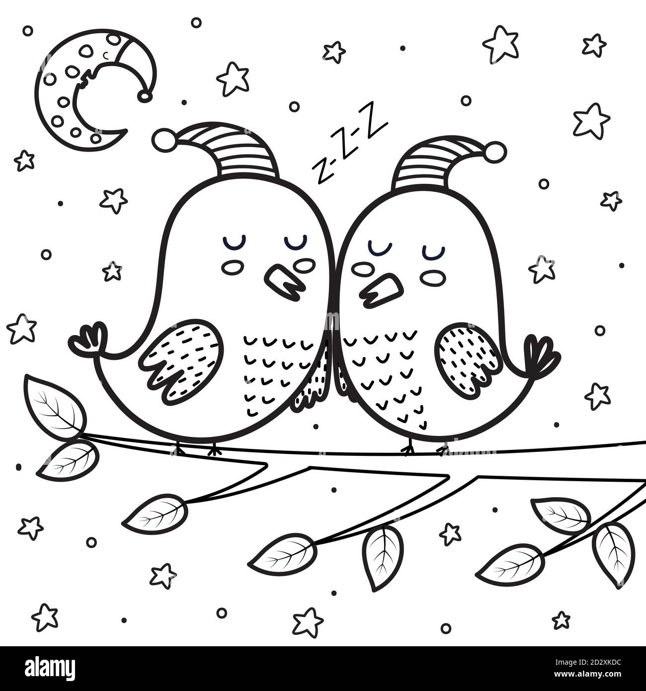 Page de coloriage de nuit des oiseaux de sommeil mignons. Lune et étoiles fond noir et blanc Illustration de Vecteur