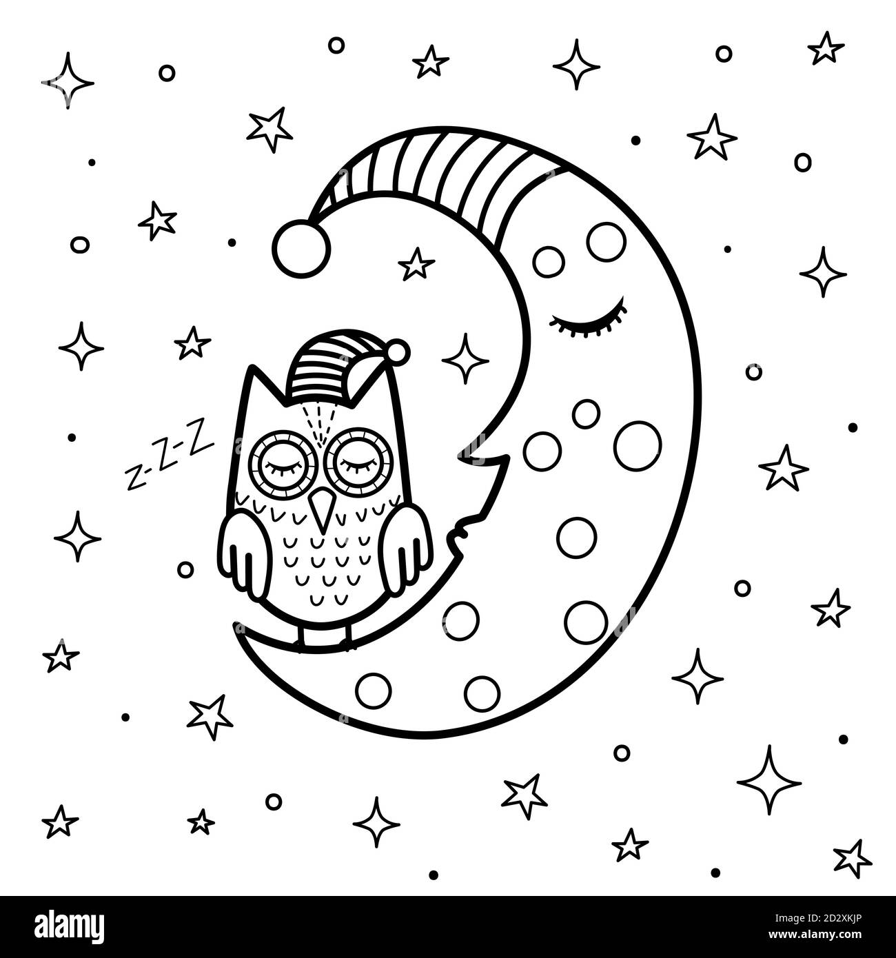 Page de coloriage pour les enfants avec une jolie lune de sommeil et un hibou. Bonne nuit noir et blanc fond fantaisie Illustration de Vecteur
