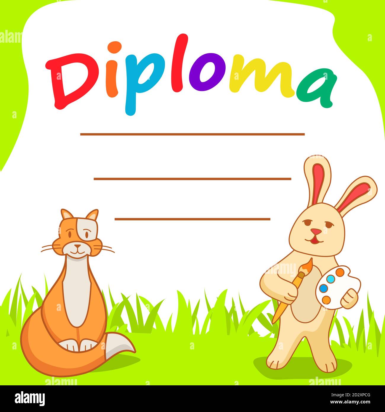Modele De Diplome Pour Les Enfants Le Dessin Anime Un Artiste De Lievre Avec Des Peintures Et Un Chat De Gingembre Image Vectorielle Stock Alamy