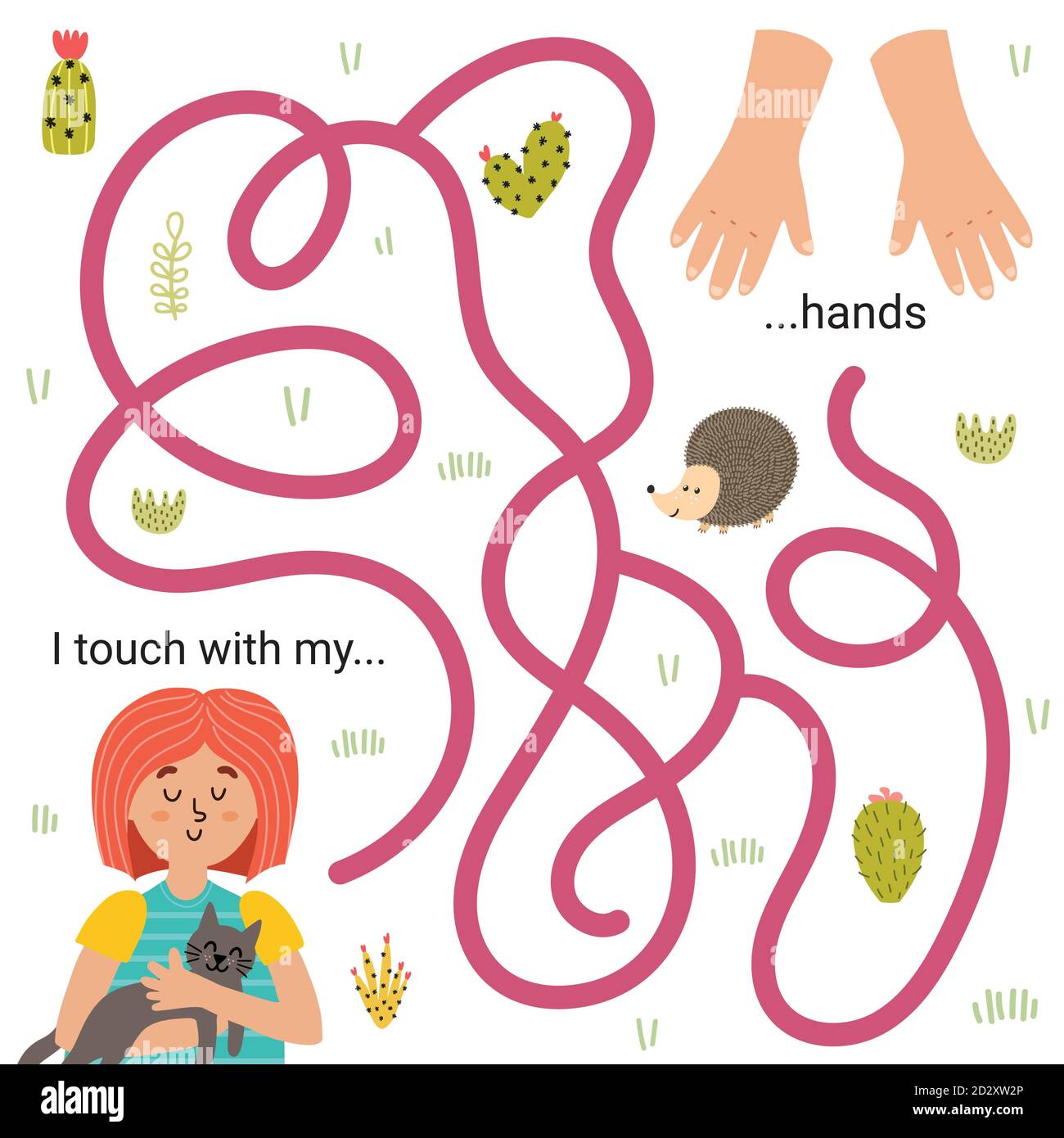 Je touche avec mes mains labyrinthe puzzle pour les enfants. Jeu de cinq sens Illustration de Vecteur