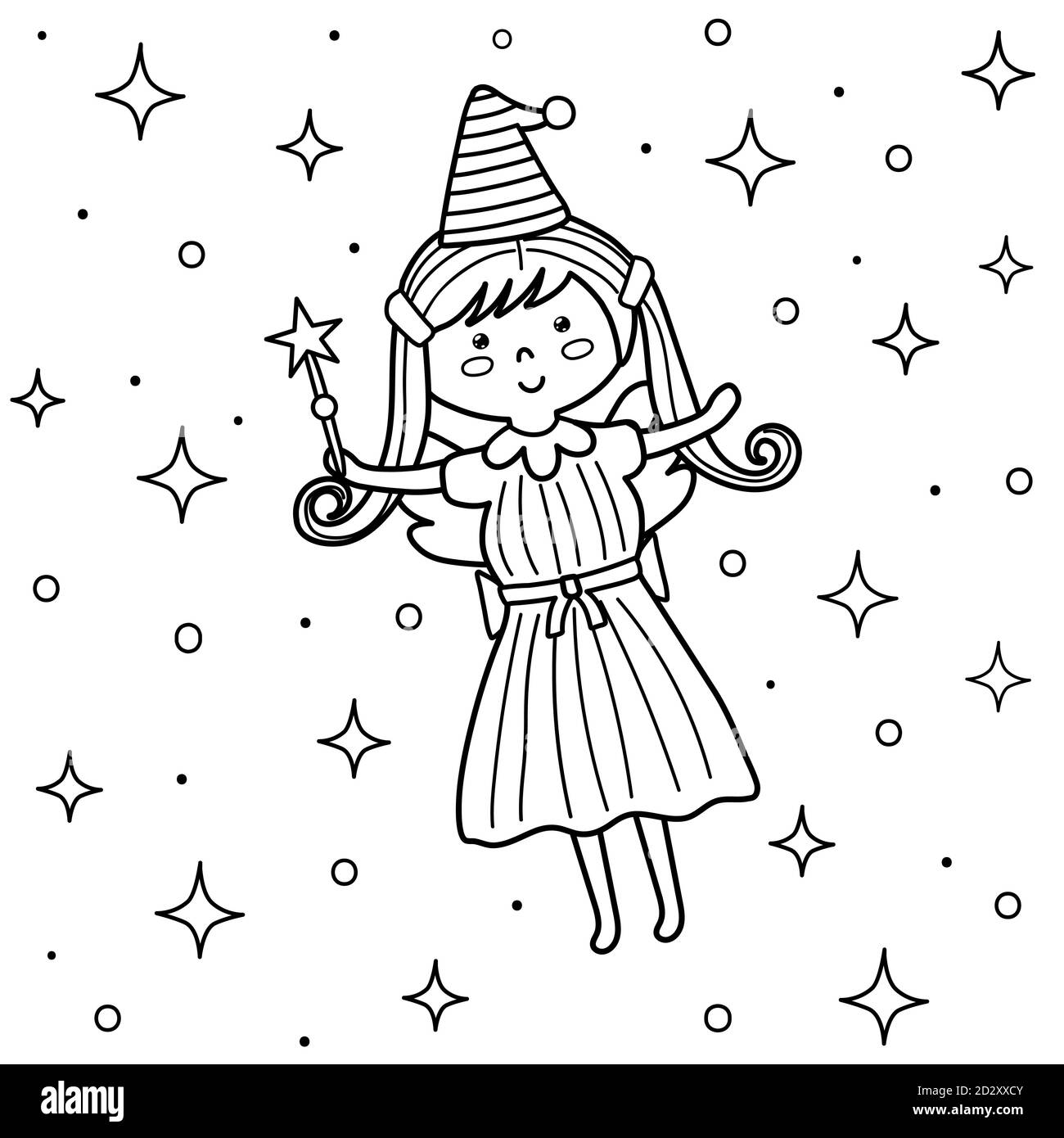 Jolie fée avec baguette magique dans la page de coloriage du ciel. Livre de coloriage fantaisie Illustration de Vecteur