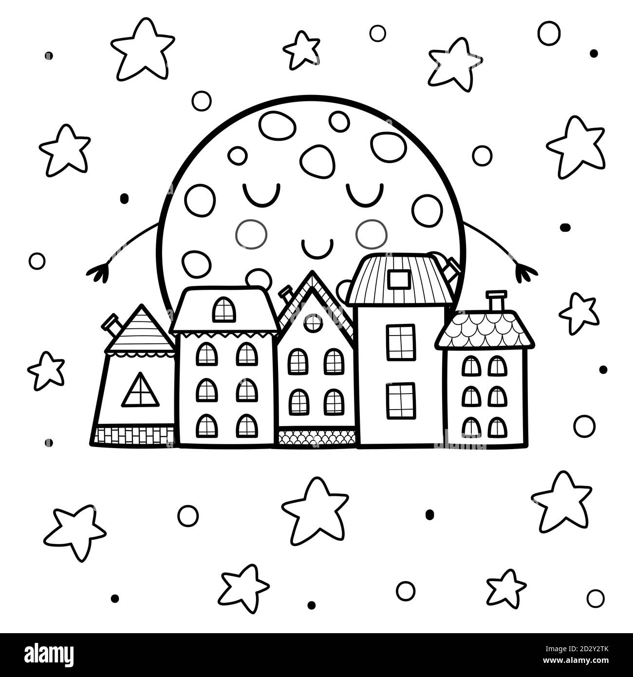 Page de coloriage de paysage de ville de nuit et de lune de sommeil mignonne. Bonne nuit de fond Illustration de Vecteur