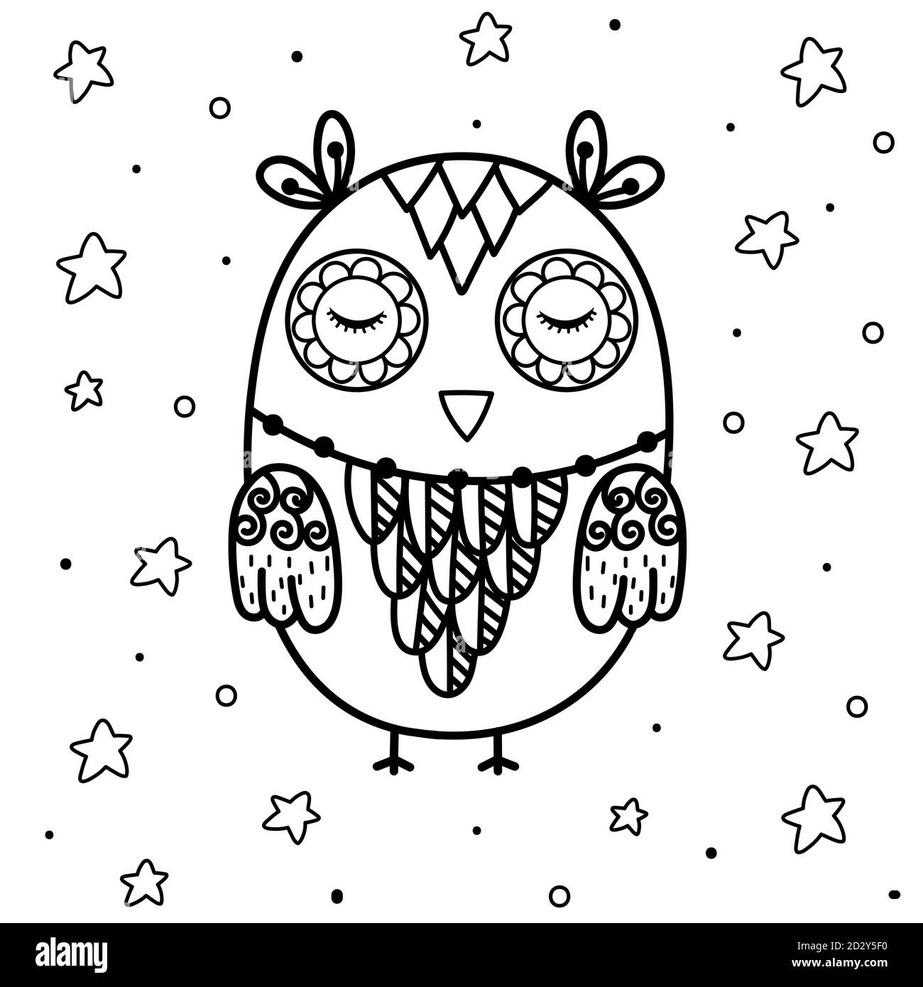 Page de coloriage de chouette de nuit. Imprimé noir et blanc avec animal drôle Illustration de Vecteur