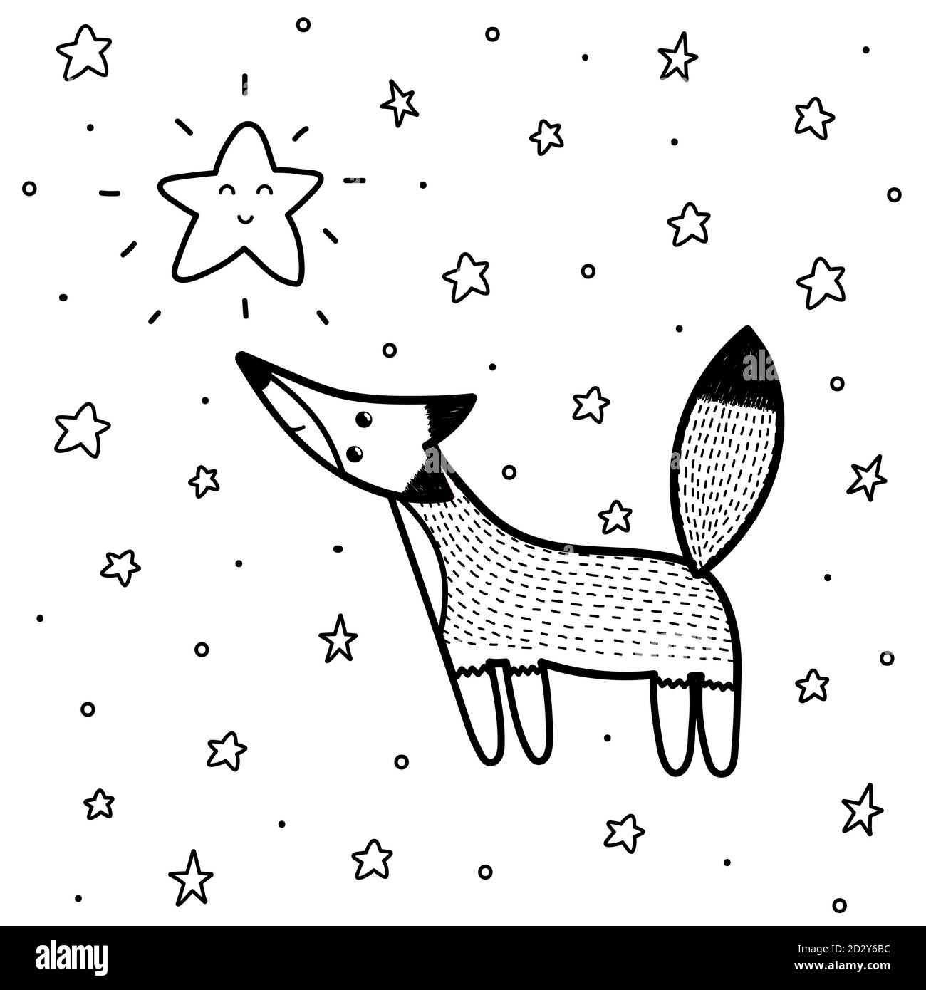 Renard mignon regardant la page de coloriage de l'étoile. Fond fantaisie pour livre de coloriage Illustration de Vecteur