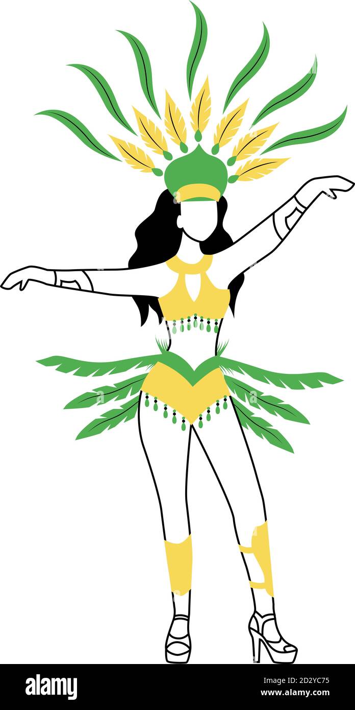 Femme en vêtements de carnaval silhouette plate illustration vectorielle. Femme dans le corps ornement. Brésil Carnival 2D caractère isolé sur fond blanc Illustration de Vecteur