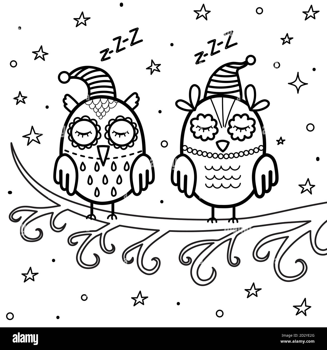 Des chouettes dormantes sur la page de coloriage de la branche. Bon livre de coloriage de nuit Illustration de Vecteur