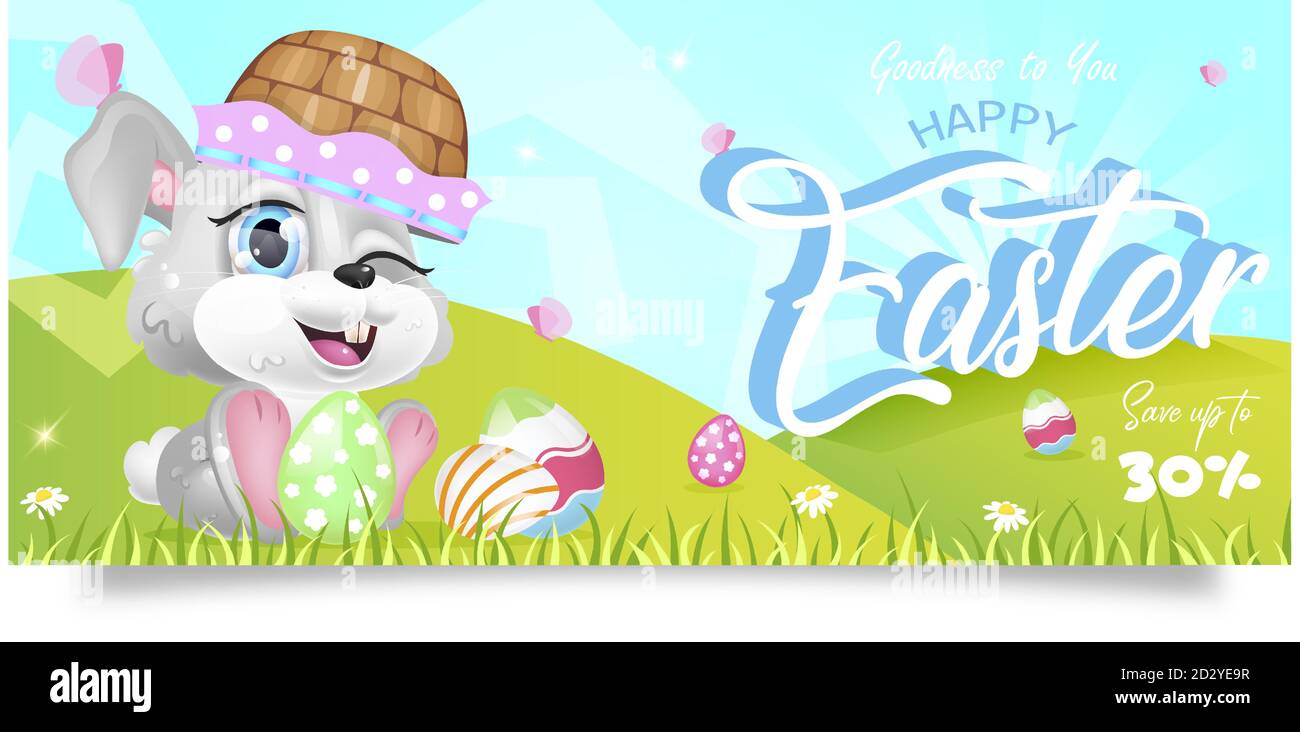 Bon Noël offre spéciale bannière de vente modèle de vecteur plat. Bannière sur le thème du printemps, certificat-cadeau avec lapin et panier d'œufs kawaii Illustration de Vecteur