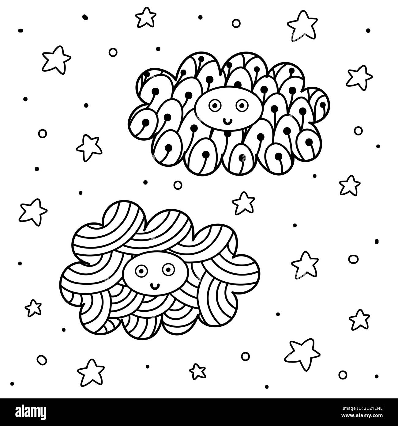 Personnages de nuages mignons dans la page de coloriage du ciel. Fond fantaisie pour livre de coloriage Illustration de Vecteur