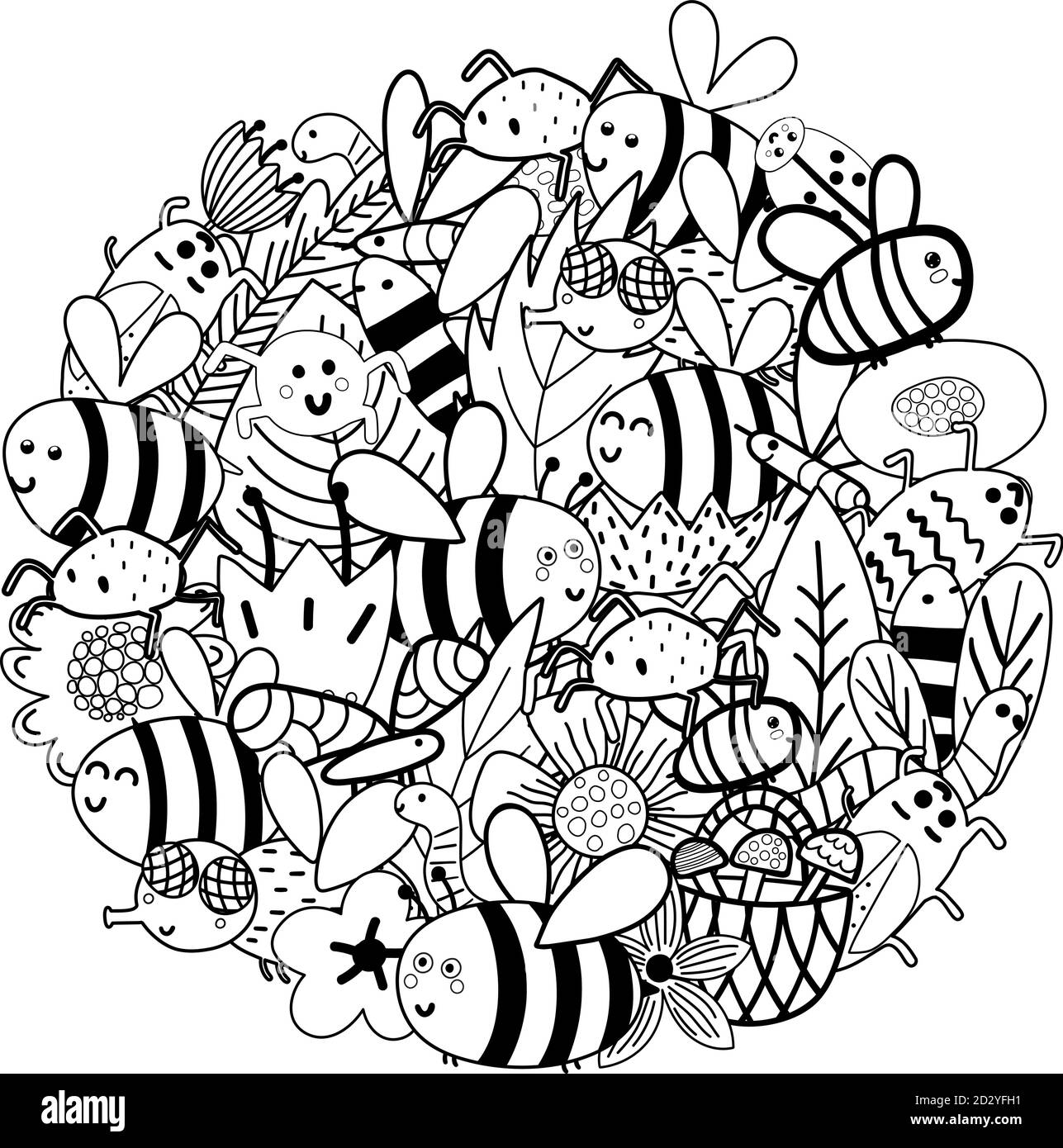 Les abeilles mignonnes dans le motif de forme de cercle de fleurs. Page de coloriage d'insectes amusants Illustration de Vecteur
