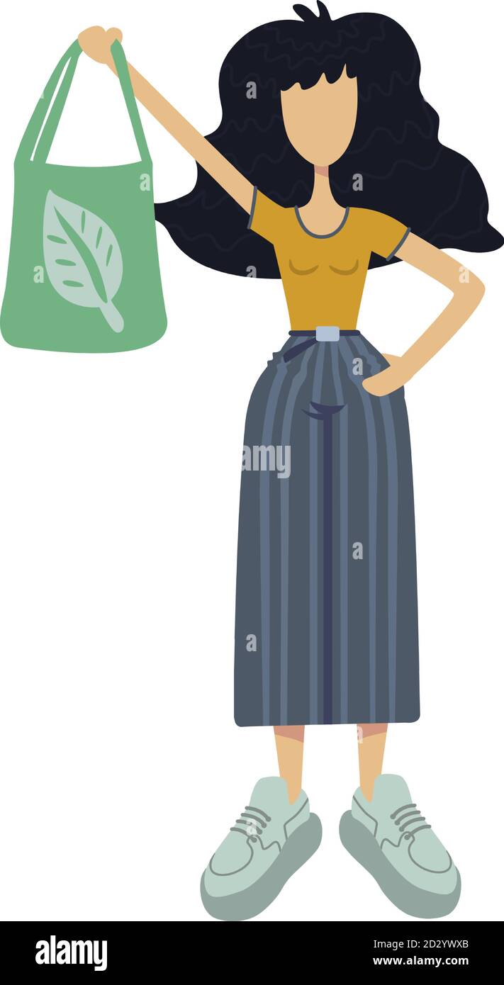Illustration vectorielle de dessin animé plate sans gaspillage. Jeune femme tenant un sac écologique vert avec une feuille. Modèle de caractères 2d prêt à l'emploi pour l'animation commerciale Illustration de Vecteur