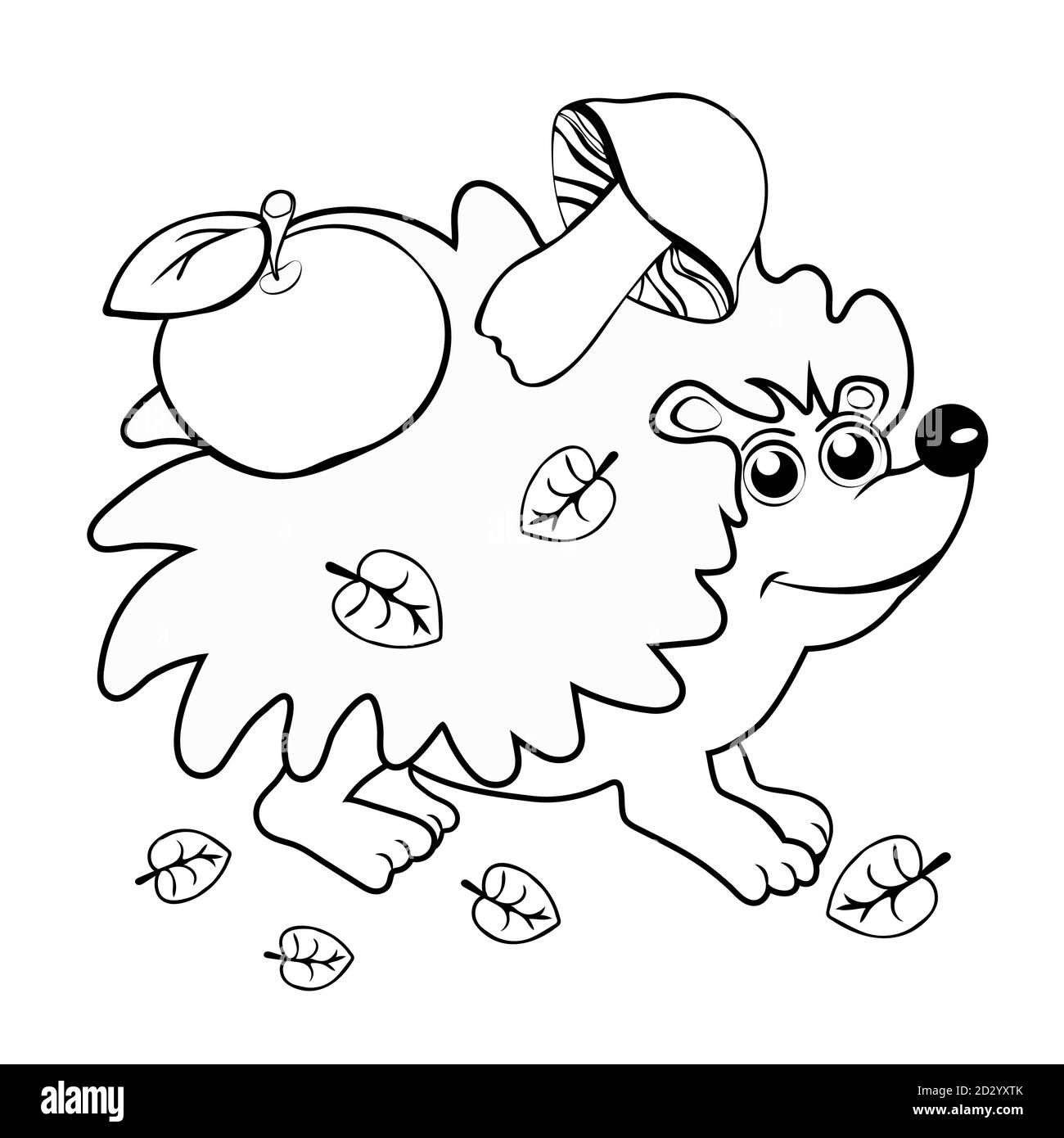 Mignon hérisson, dessin à la main noir et blanc ligne de dessin animé, coloriage pour enfants, silhouette. Contour animal transportant des pommes et des champignons sur son dos Illustration de Vecteur