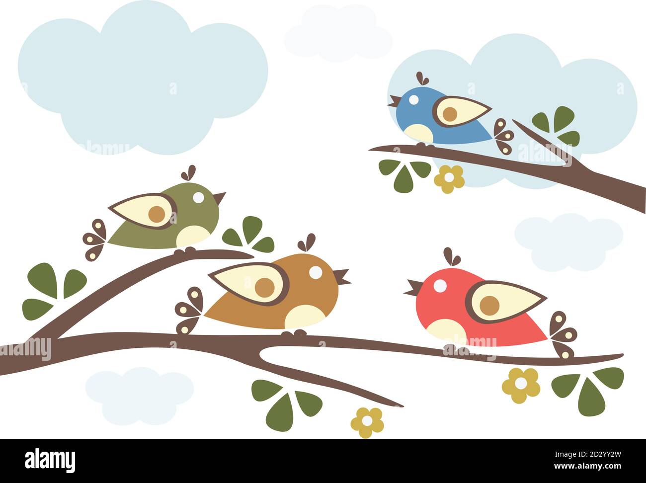 Oiseaux assis sur les branches d'arbres. Illustration vectorielle, journée ensoleillée Illustration de Vecteur