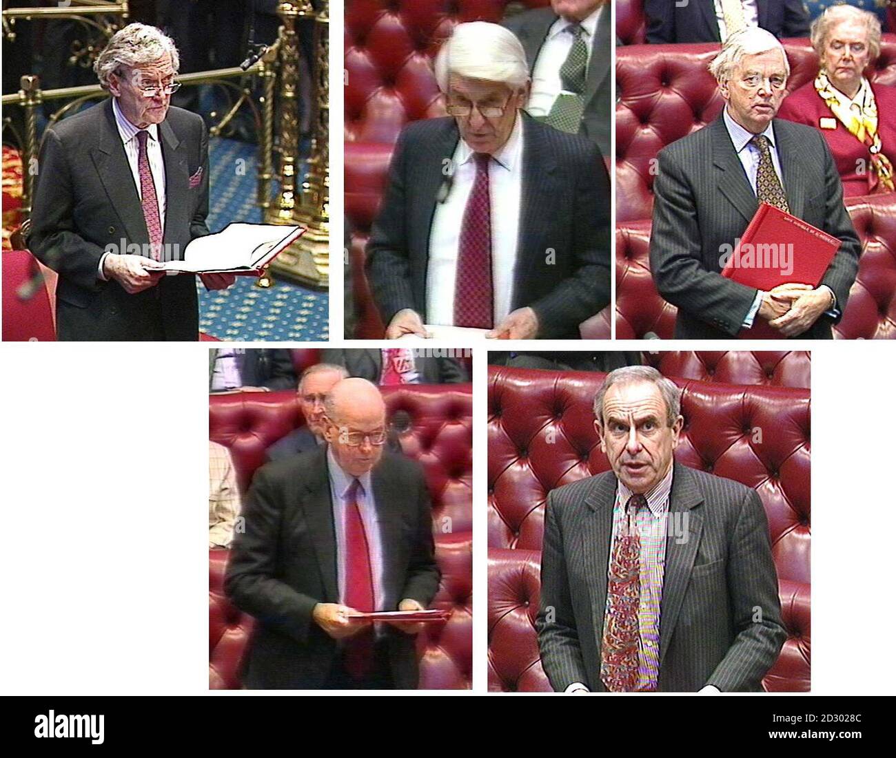 Images composites des cinq lords de droit (dans l'ordre dans lequel ils ont pris la parole) à la Chambre des lords, mercredi 25, Nobvember, 1998, où,Dans un arrêt de 3-2, ils ont renversé la décision de la haute Cour d'octobre 28 selon laquelle l'ancien dictateur chilien, le général Augusto Pinochet, avait l'immunité d'arrestation et les procédures judiciaires des tribunaux anglais.Rangée du haut à partir de la gauche: Seigneur Slynn d'Hadleigh, Seigneur Lloyd de Berwick, Seigneur Nickells de Birkenhead.Rangée avant, de gauche à droite : Lord Steyn et Lord Hoffmann.Note aux eds : meilleure qualité disponible.V/G Banque D'Images