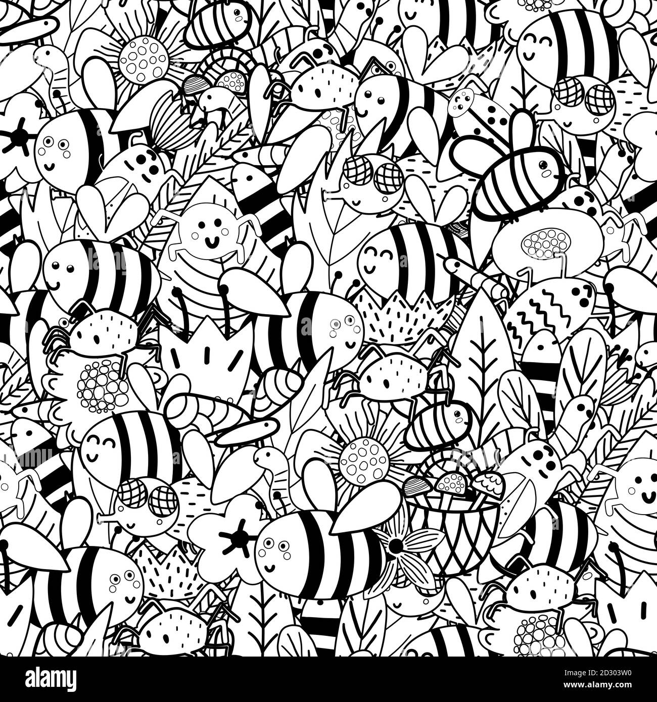 Insectes Doodle motifs sans couture noir et blanc - abeilles, mouches, insectes, araignées, vers, feuilles Illustration de Vecteur