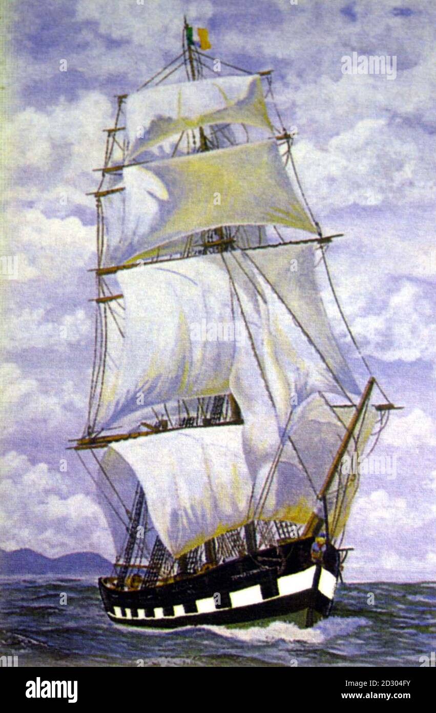 Une impression artistique de la réplique pleine grandeur du navire d'émigré irlandais Jeanie Johnson, en construction à Bennerville, près de Tralee, en Irlande.Le navire de 150 pieds de long fera son voyage du millénaire de Tralee à l'Amérique du Nord en avril 2000. Banque D'Images