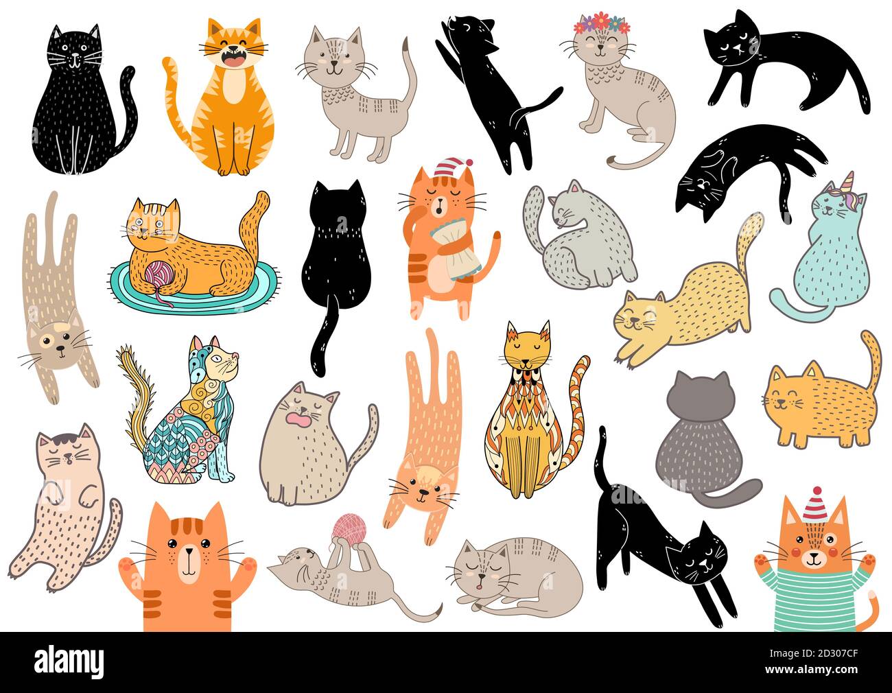 Gros paquet de chats amusants. Personnages de chat de dessin animé dans différents jeux de poses Illustration de Vecteur