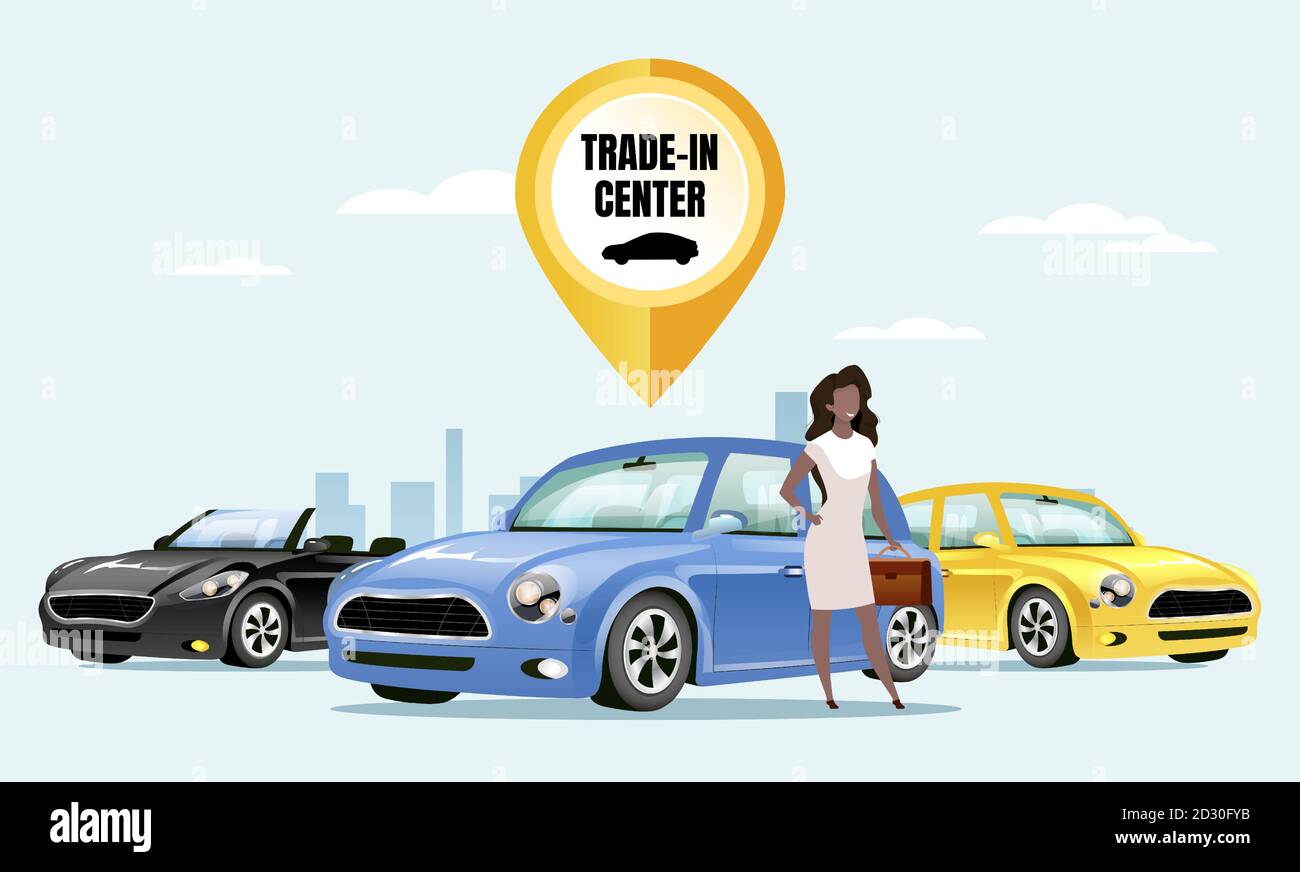 Eéchanger l'illustration vectorielle de couleur centrale plate. Client féminin, commercial personnage de dessin animé 2D avec paysage urbain en arrière-plan. Service de change de voiture Illustration de Vecteur