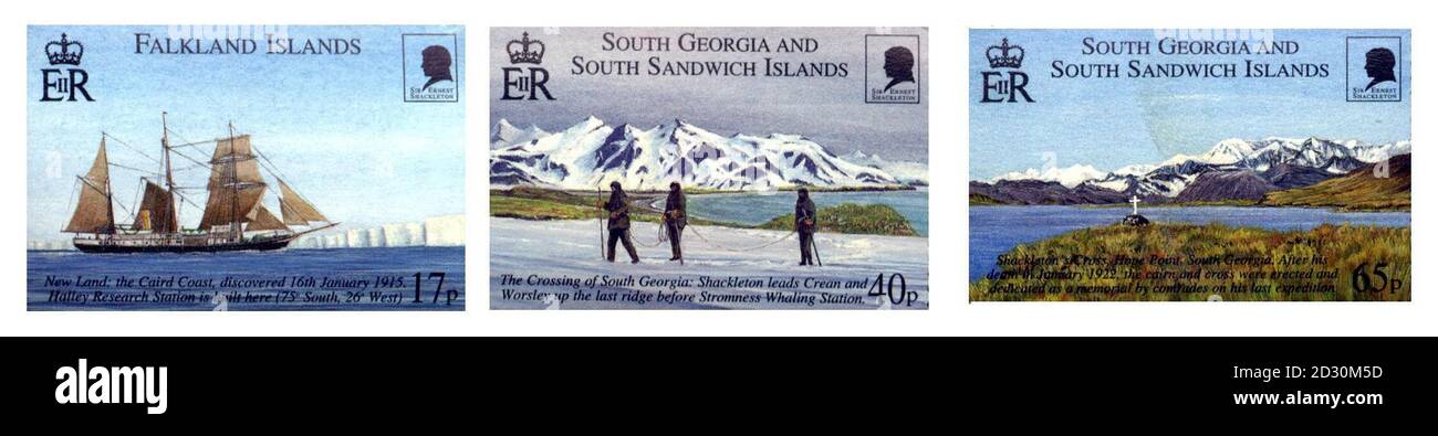 Une nouvelle série de timbres du Royal Mail, avec l'intrépide explorateur antarctique Sir Ernest Shackleton. Les timbres représentent des scènes de l'expédition transantarctique impériale de 1914 à 1917, décrite comme la première traversée du dernier continent. * le territoire de l'Antarctique britannique, les îles Falkland et la Géorgie du Sud et les îles Sandwich du Sud émetteront chacun trois timbres, incluant également Shackleton (1874-1922). Banque D'Images