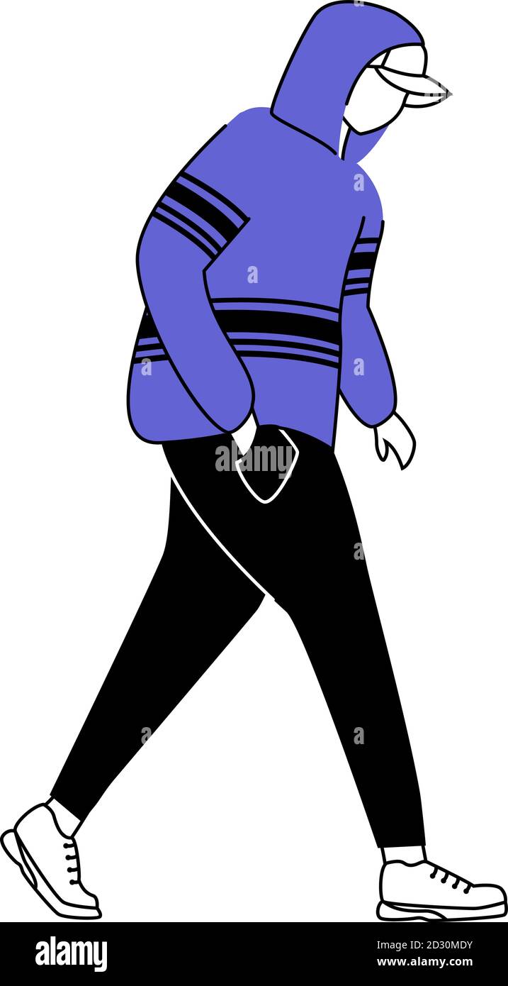 Adolescent suspect dans une casquette et un sweat-shirt silhouette plate illustration vectorielle. Homme de marche avec main dans la poche. Poche de pickpocket. Contour 2D isolé Illustration de Vecteur