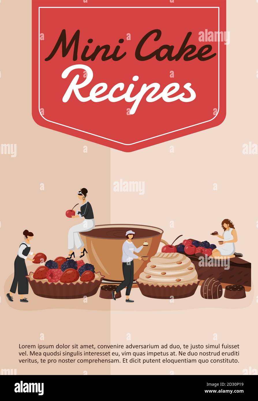 Mini recettes de gâteau affiche modèle de vecteur plat. Pâtisserie du chef. Cupcake et tarte. Dessert aux fruits. Brochure, brochure concept d'une page avec Illustration de Vecteur