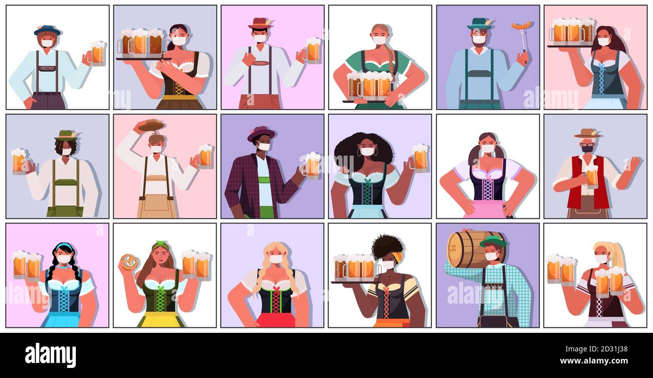 mettez les gens de course de mélange dans des masques médicaux contenant des tasses à bière Oktoberfest fête célébration coronavirus quarantaine concept hommes femmes en allemand collection de portraits de vêtements traditionnels illustration vectorielle horizontale Illustration de Vecteur