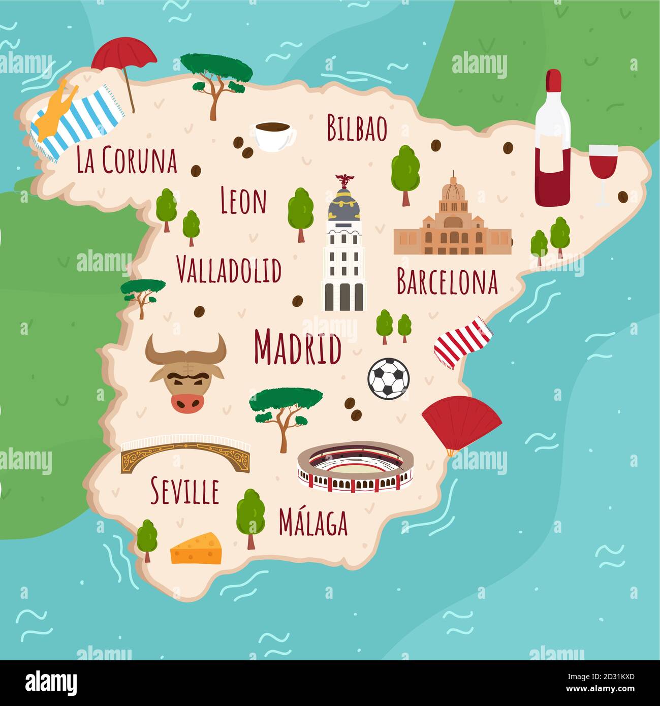 Carte de dessin animé de l'Espagne. Illustration de voyage avec des monuments espagnols, des bâtiments, de la nourriture et des plantes. Infographies touristiques amusantes. Symboles nationaux. Célèbre Illustration de Vecteur