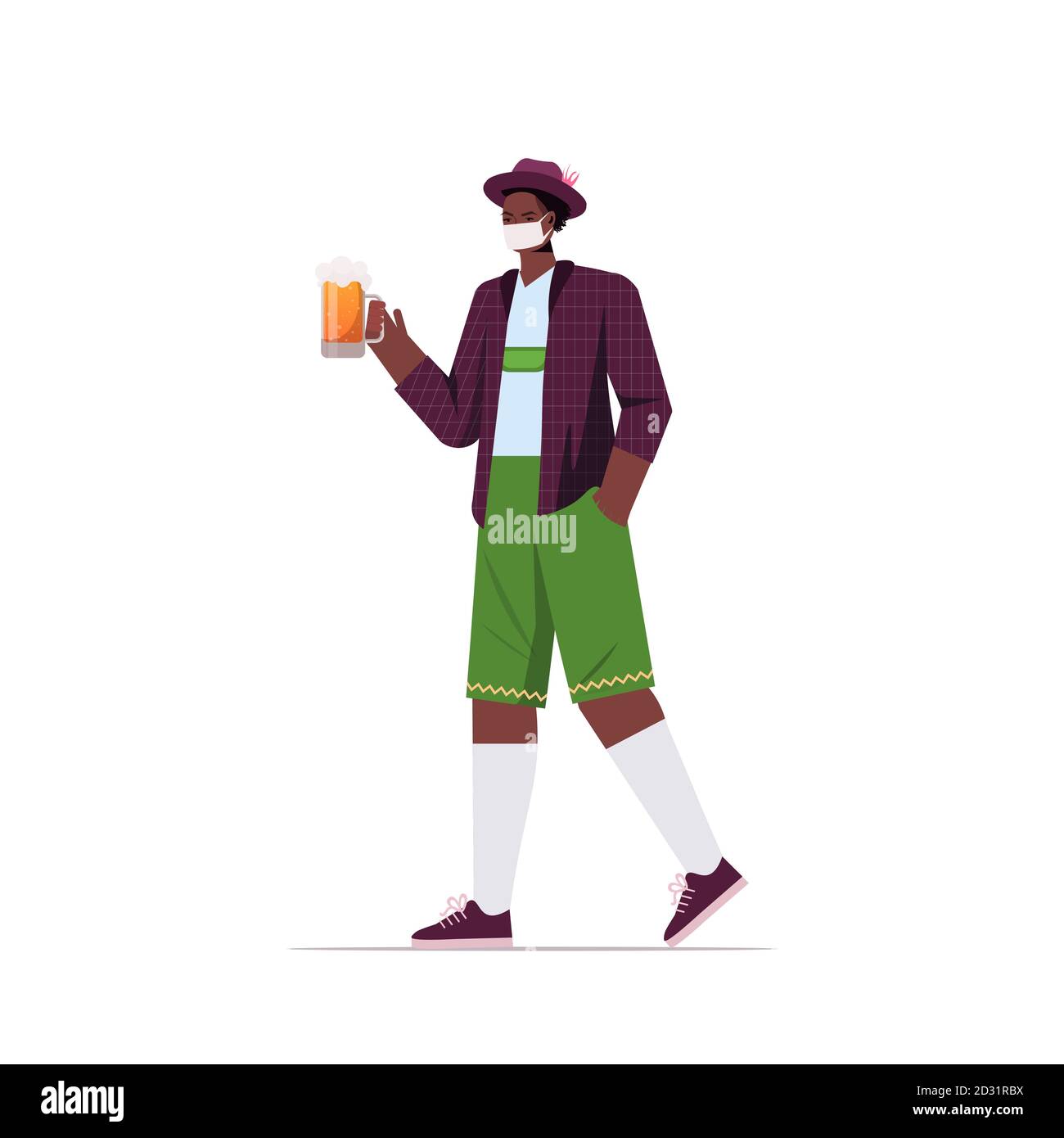 Homme dans un masque médical tenant une tasse à bière fête de l'Oktoberfest concept de quarantaine du coronavirus gars afro-américain dans les vêtements traditionnels allemands illustration vectorielle pleine longueur Illustration de Vecteur