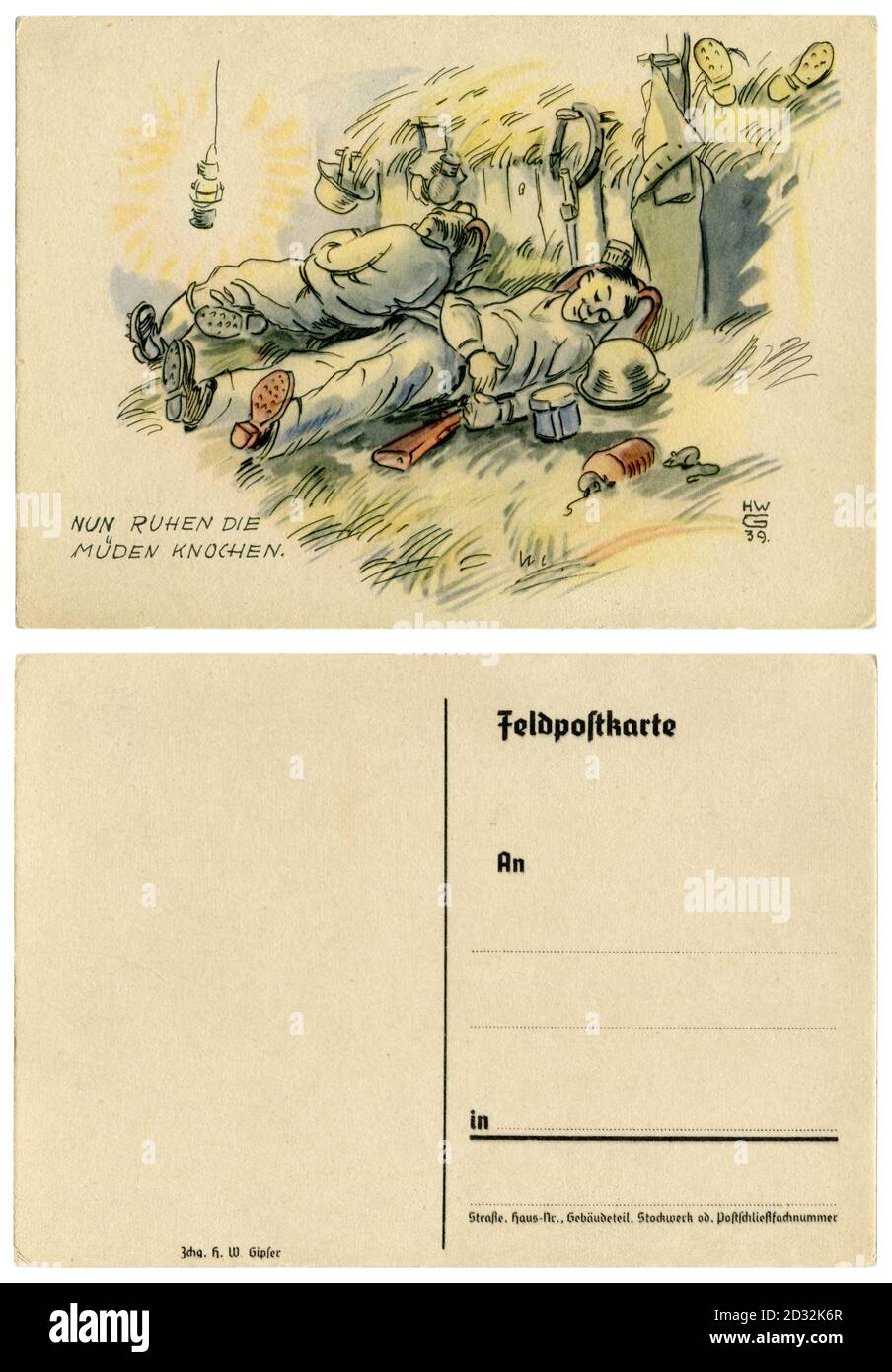 Carte postale historique allemande : maintenant les os fatigués se reposent. Les soldats dorment dans le hanyloft, de l'équipement militaire est aménagé à côté d'eux. 1939 Banque D'Images