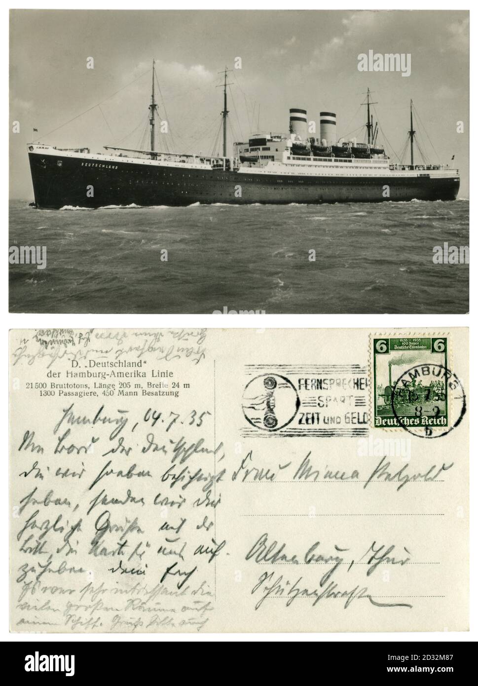 Carte postale historique allemande: ocean liner SS «Deutschland» (1923) de la ligne Hambourg-Amérique en mer. Hamburg - New York route, 1924-1940. Allemagne Banque D'Images