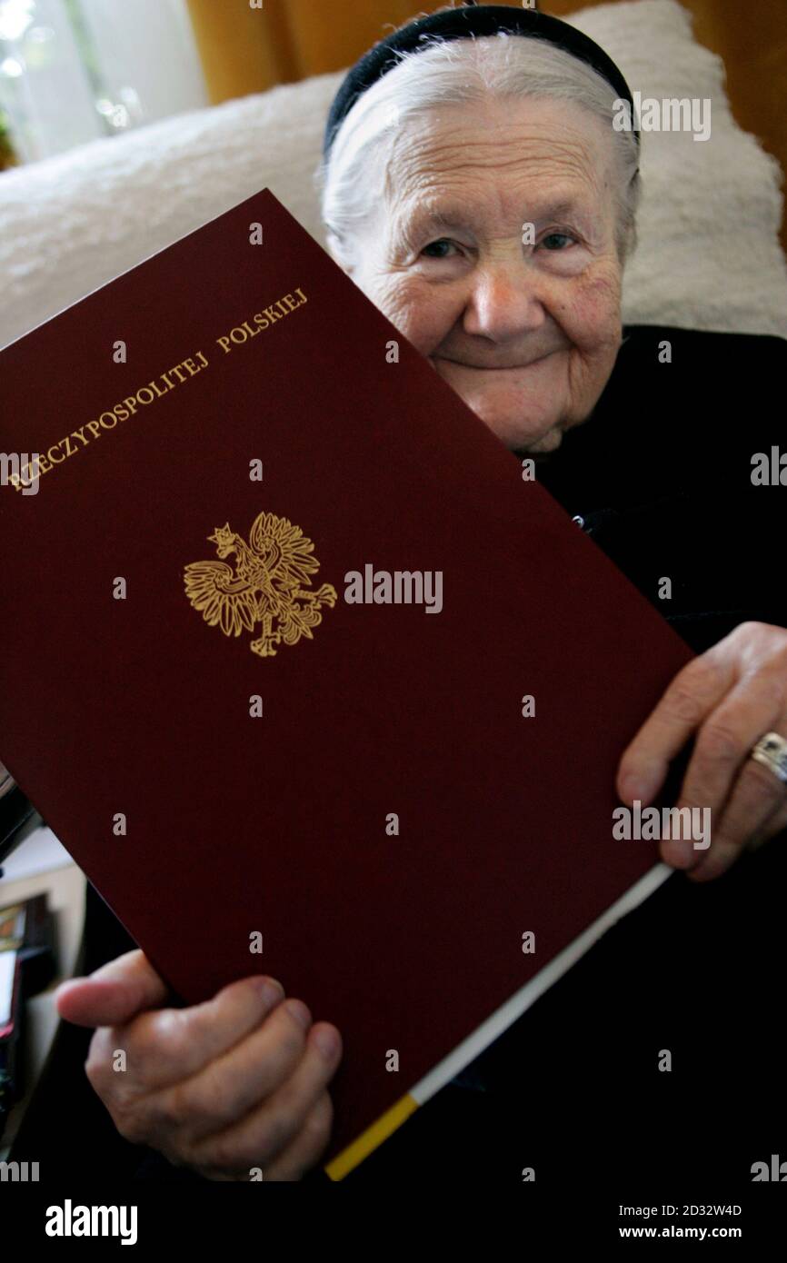 National heroine and Nobel Peace Prize nominee Irena Sendler poses with a  certificate from the government honouring her in central Warsaw March 14,  2007. Poland's parliament declared the 97-year-old woman a national