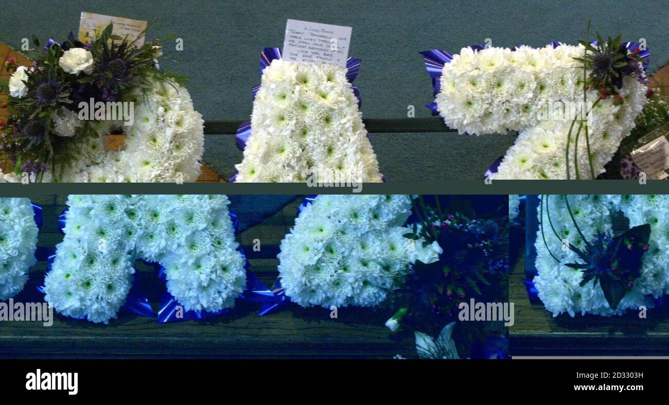 Des fleurs qui orthographient 'Baz' sont placées à côté du cercueil du caporal Barry 'Baz' Stephen à l'intérieur de l'église St John's, à Perth. Des soldats se sont joints à la famille, aux amis et aux habitants de la ville pour rendre hommage au caporal Stephen, 31 ans, de Scone, dans le Perthshire, qui a été tué en action en Irak. Il a été le seul soldat écossais tué en action pendant le conflit en Irak et est mort pour sauver des collègues lors d'une attaque militaire près d'Al Zubayr dans le sud de l'Irak le 24 mars. Banque D'Images