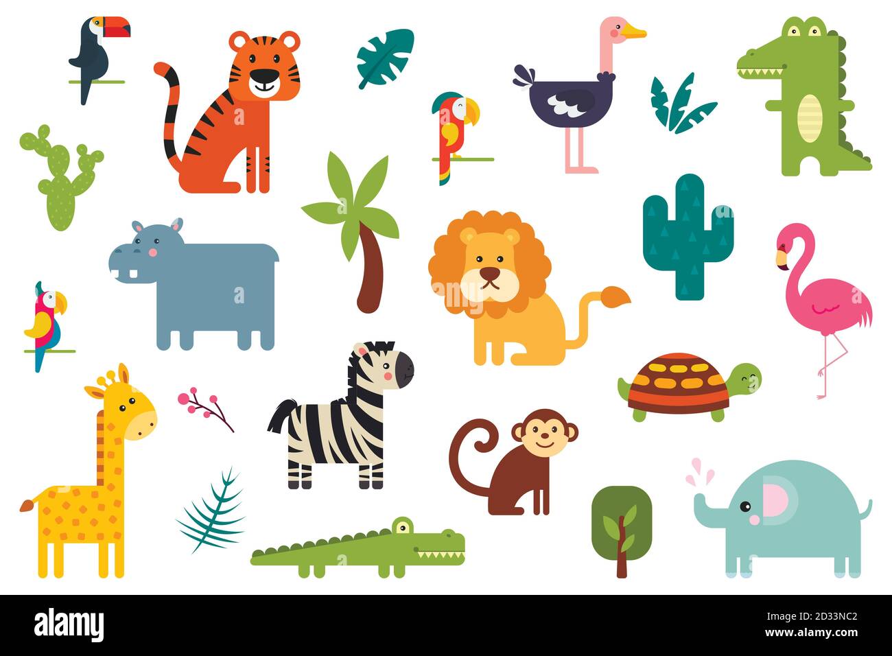 Ensemble d'animaux et d'oiseaux tropicaux vectoriels colorés populaires Illustration de Vecteur