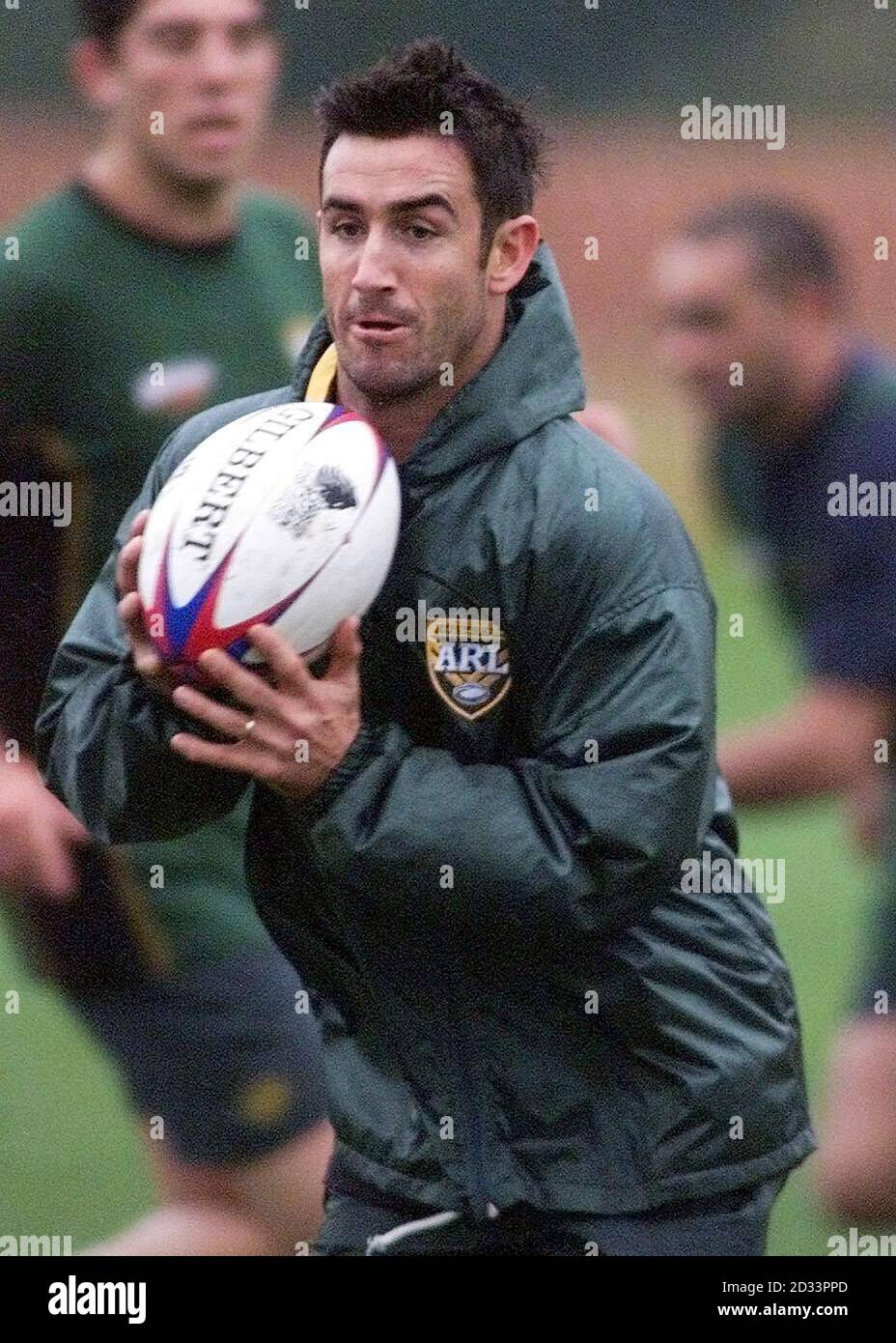 La moitié australienne de la mêlée Andrew Johns participe à une séance d'entraînement aux terrains de jeux Kirkstall, à Leeds. Australie Prenez la Grande-Bretagne le 24/11/01 au JJB Stadium, Wigan. * pour la troisième et décider de la correspondance de test. Banque D'Images